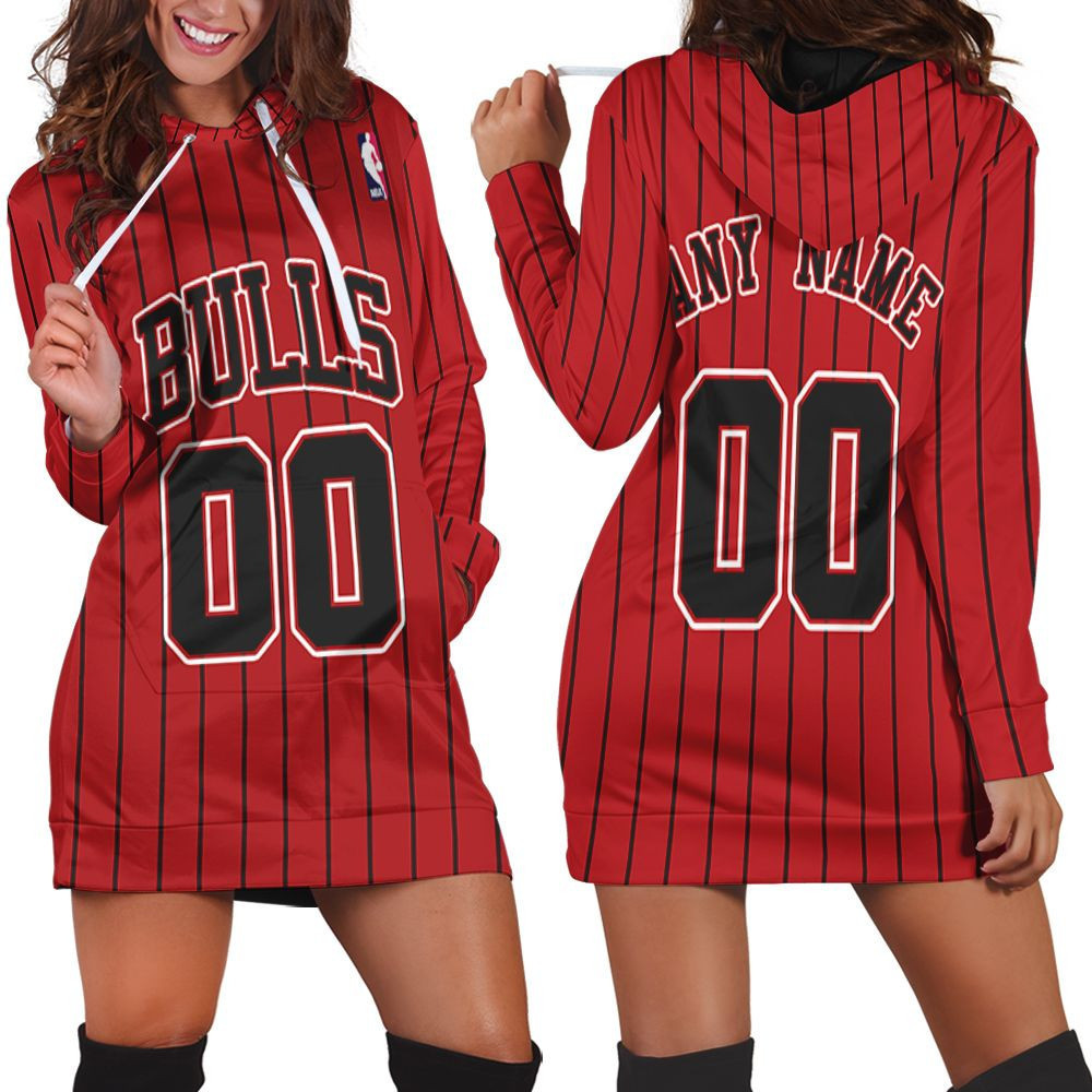 Personalized Chicago Bulls Throwback Red Black Stripe Jersey Inspired Style Hoodie Dress Sweater Dress Sweatshirt Dress