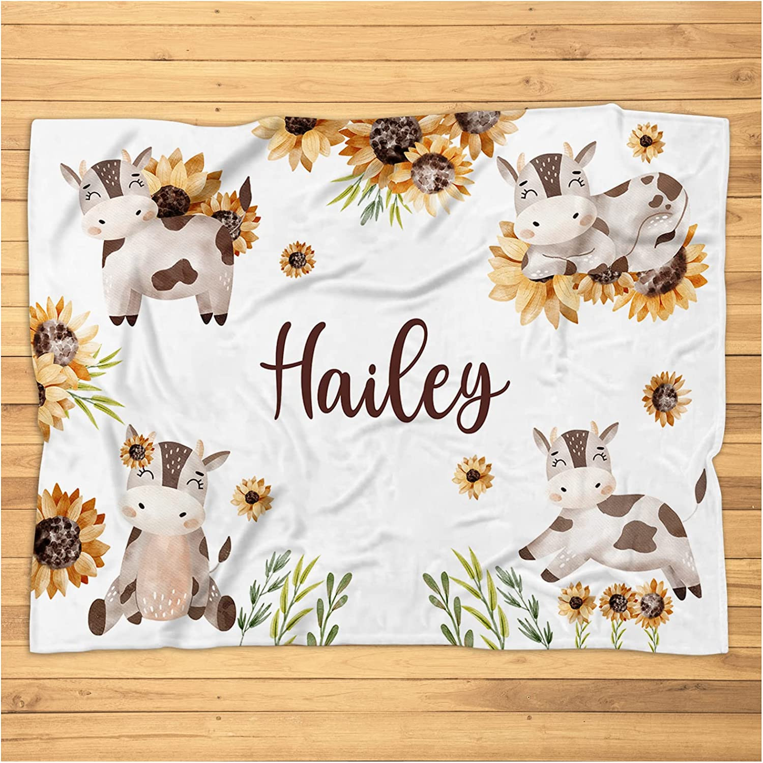 Personalized Cow Blanket - Custom Cute Baby Cow Blanket with Farm Sunflowers Nursery Decor - New Cow Farm Nursery Theme