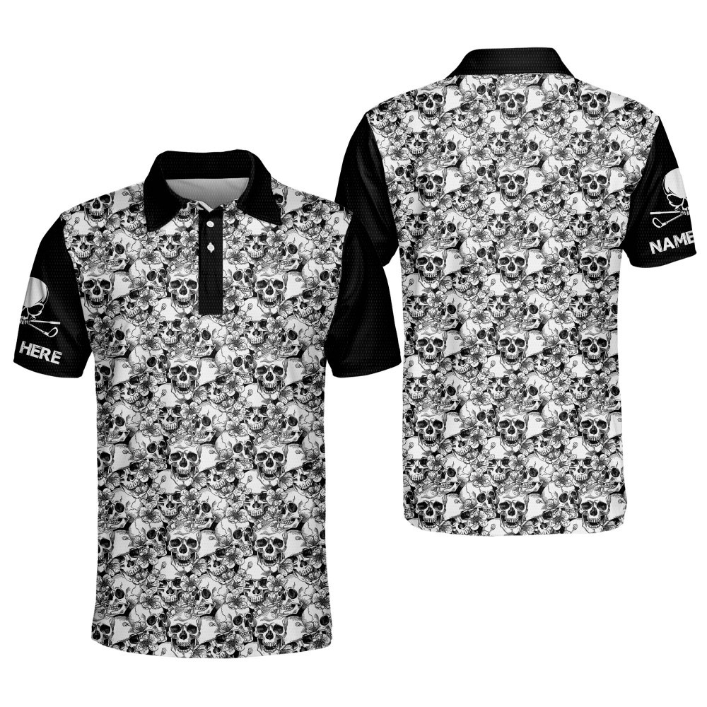 Personalized Crazy Funky Golf Shirts Skull Pattern Mens Golf Shirts Short Sleeve Polo Lightweight Golf Polos for Men