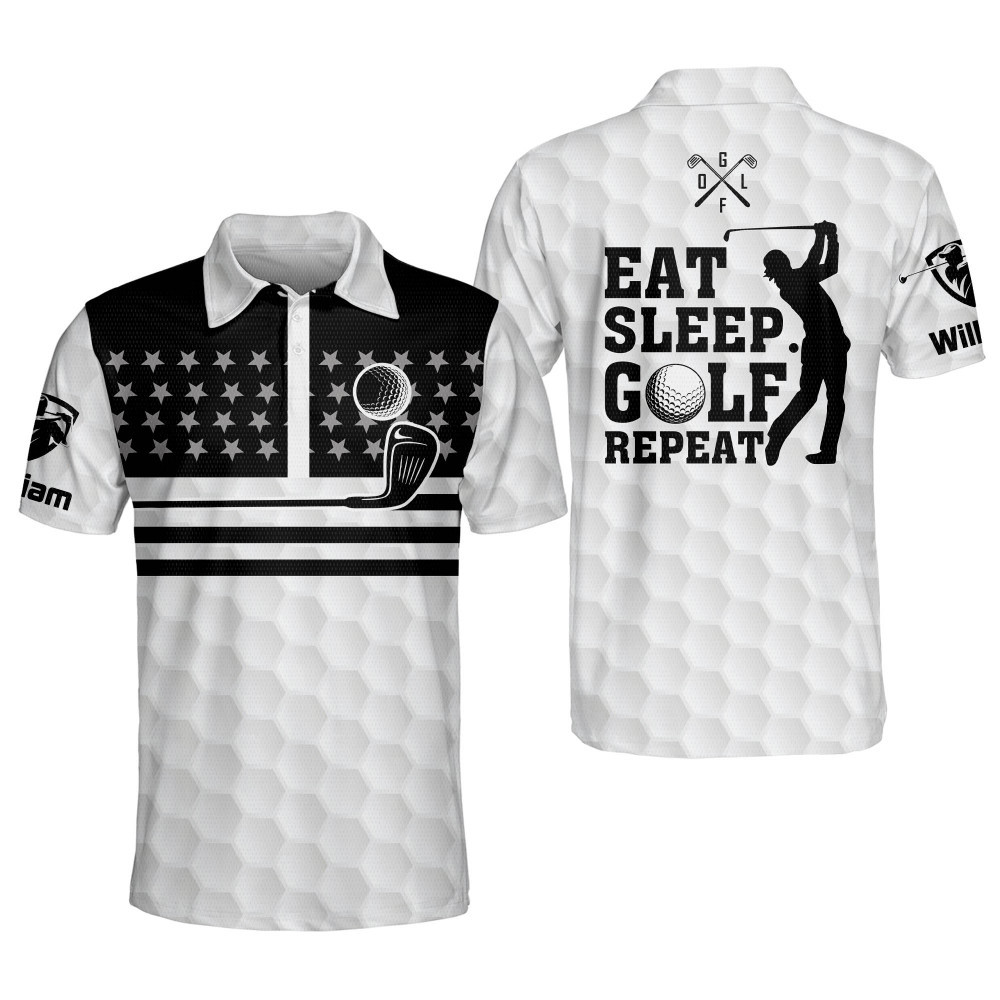 Personalized Crazy Golf Shirts for Men Eat Sleep Golf Repeat American Flag Mens Golf Shirts Dry Fit Short Sleeve