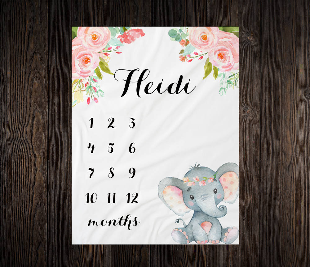 Personalized Elephant Floral Milestone Blanket