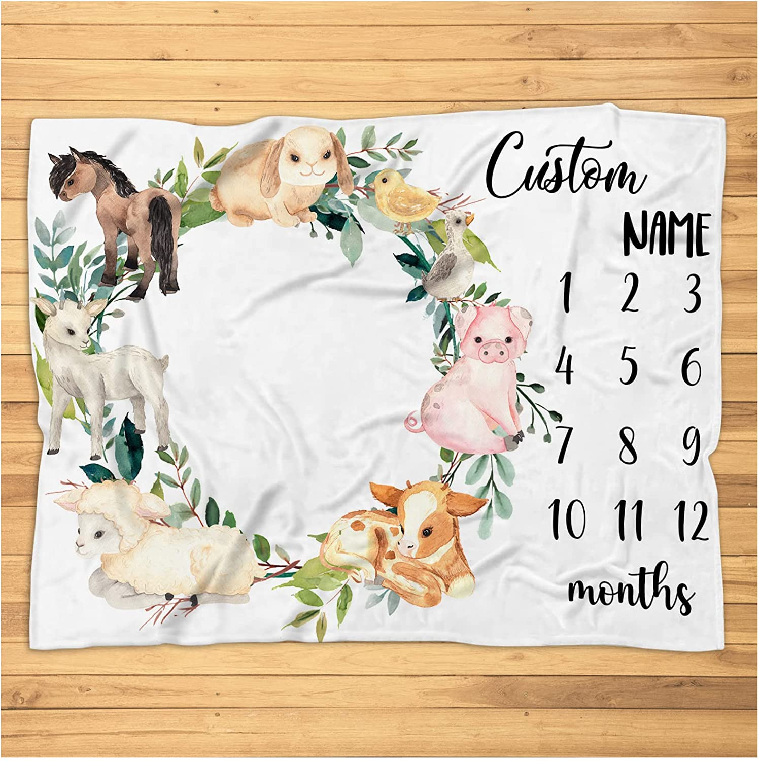 Personalized Farm Animals Milestone Blanket - Custom Baby Farm Monthly Milestone Blanket Photo Prop with Farm Nursery Decor - Cow