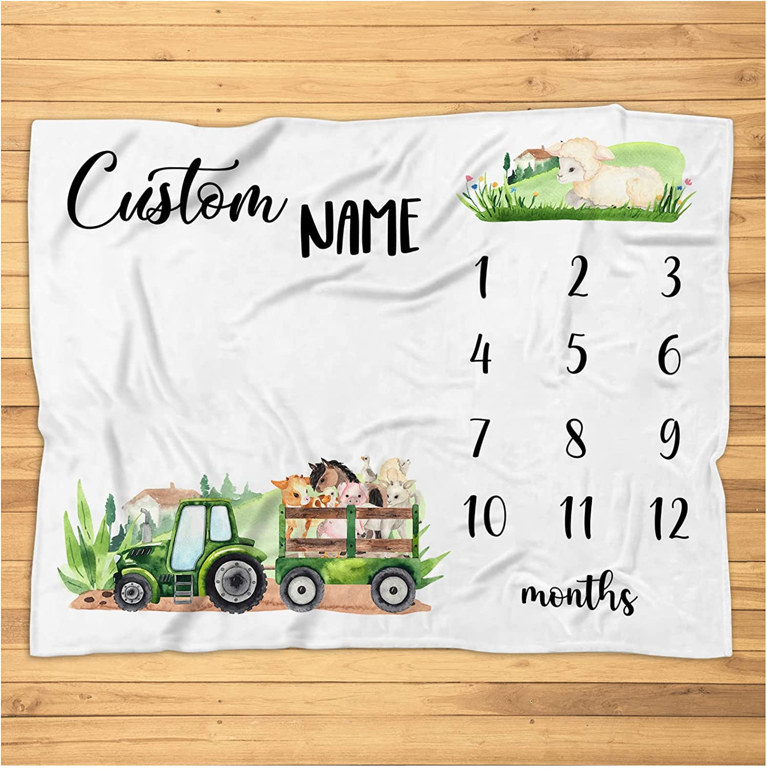 Personalized Farm Animals Milestone Blanket - Custom Farm Monthly Milestone Photo Prop Blanket with Farm Cow Pig Sheep Duck Goat Nursery Blanket