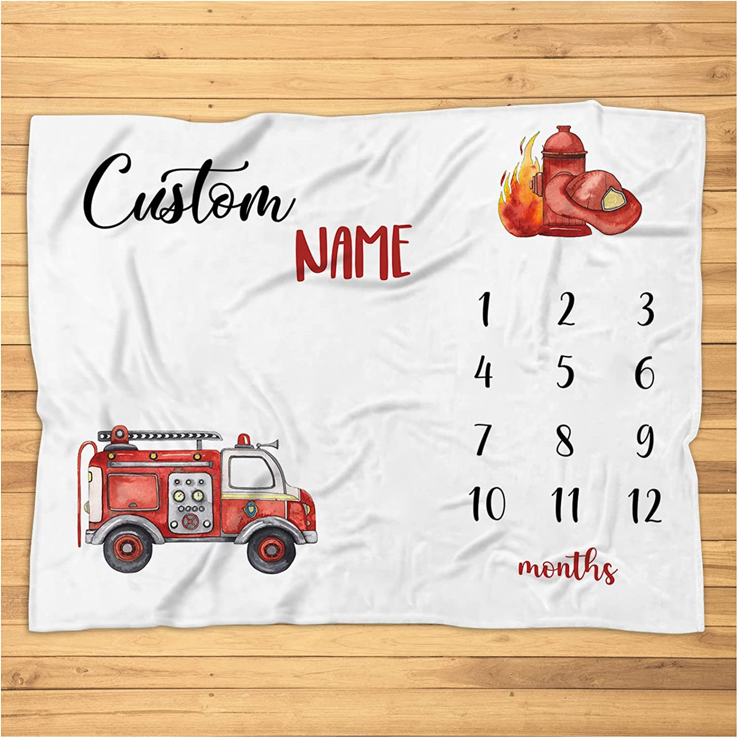 Personalized Fire Truck Milestone Blanket - Firefighter Monthly Milestone Photo Prop - Custom Baby Milestone Blanket with Firefighter Nursery Decor - Super Soft Plush Fleece Blanket