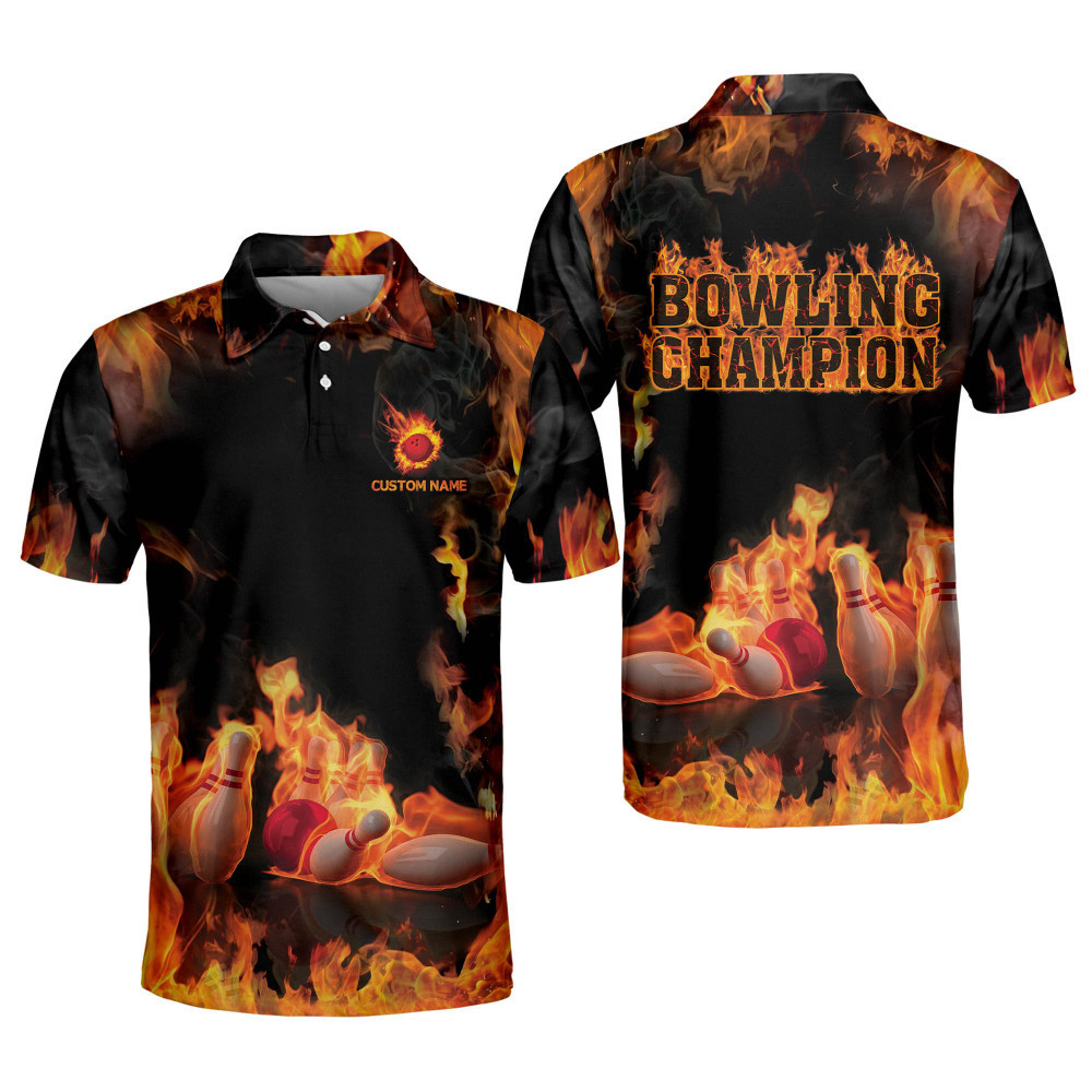 Personalized Flame Bowling Shirts for Men Bowling Legend Custom Bowling Team Shirts USA Fire Bowling Short Sleeve Polo Shirts 2022