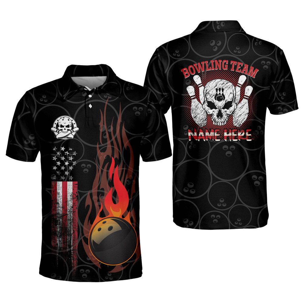 Personalized Flame Skull Bowling Shirts Funny Bowling Shirts for Men USA Flag Bowling Team Shirts Short Sleeve Polo Shirts