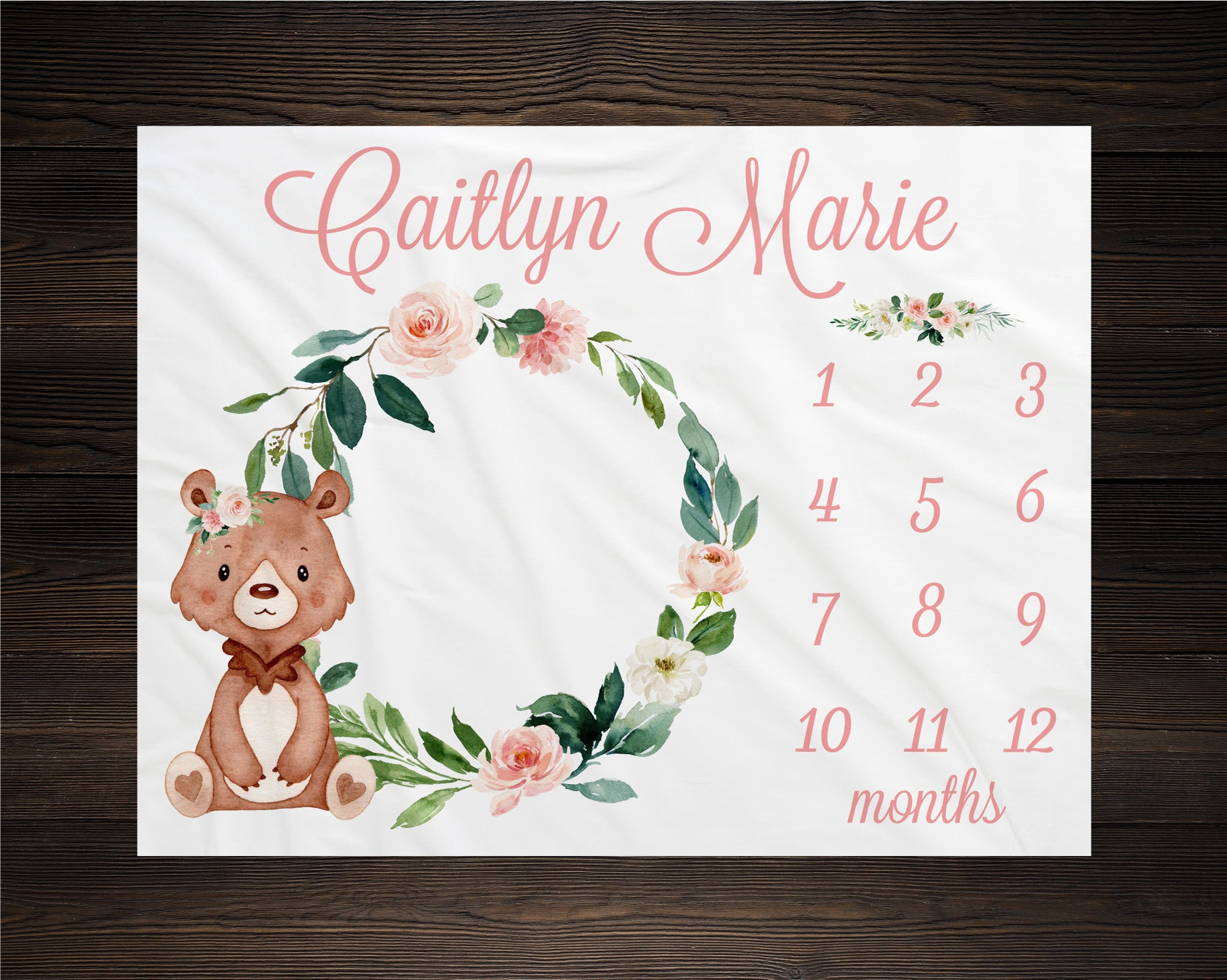 Personalized Floral Bear Milestone Blanket