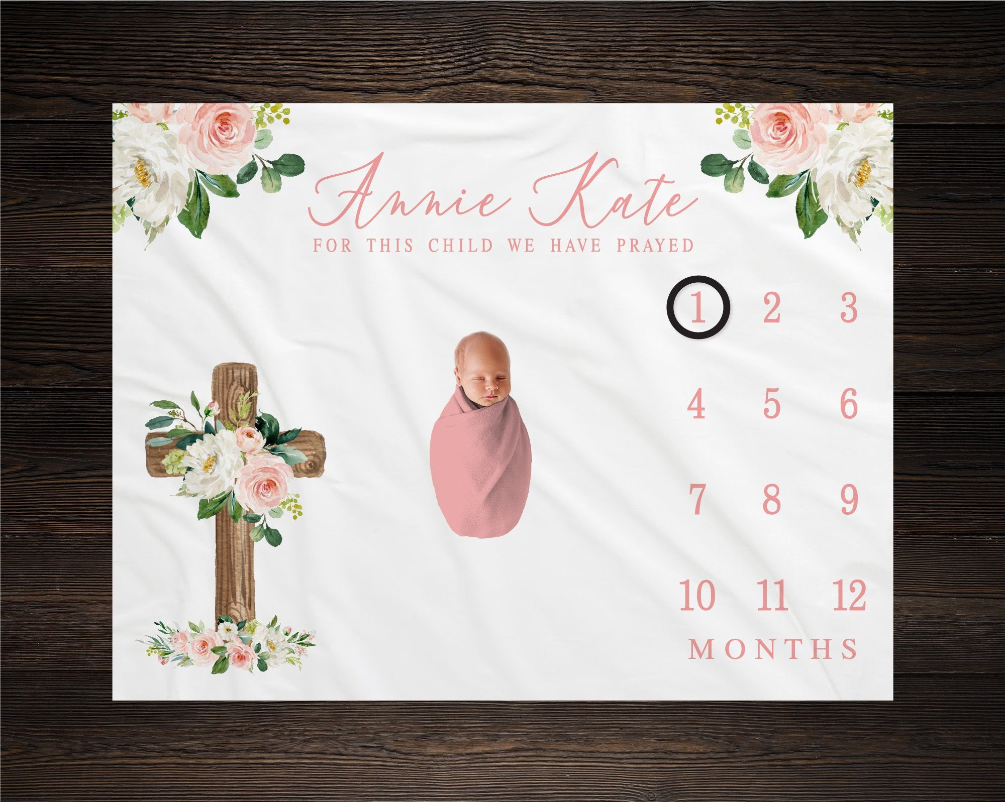 Personalized Floral Cross Milestone Blanket