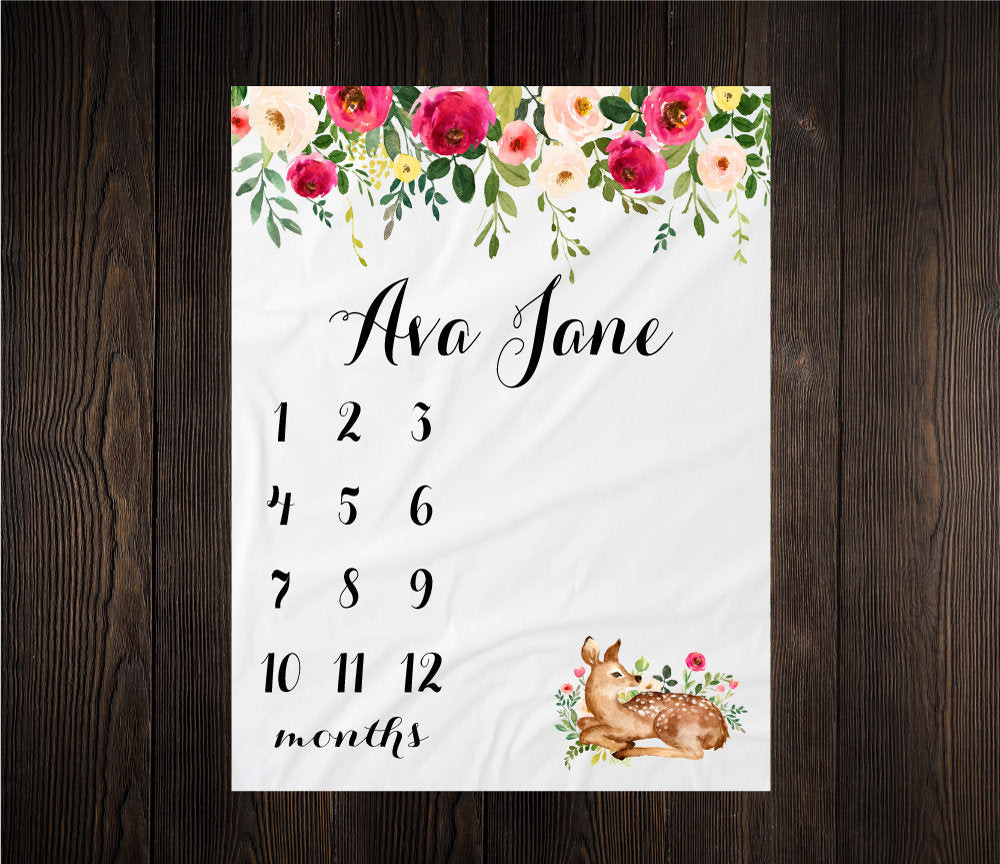 Personalized Floral Deer Milestone Blanket