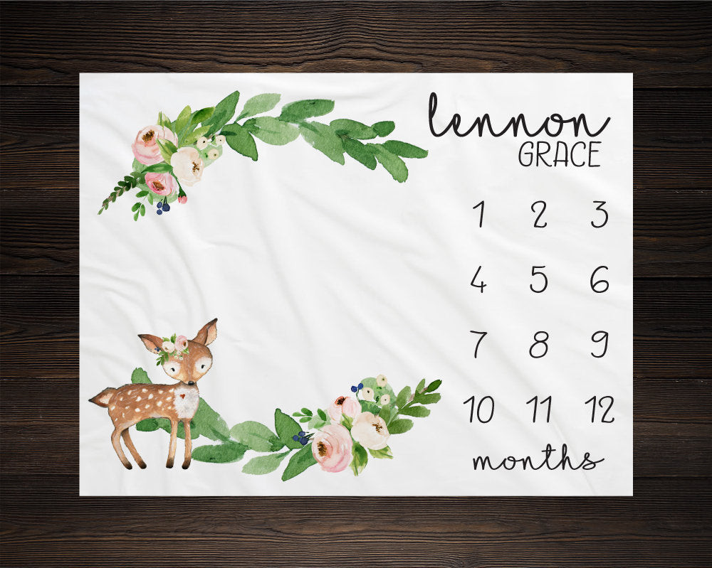 Personalized Floral Deer Milestone Blanket