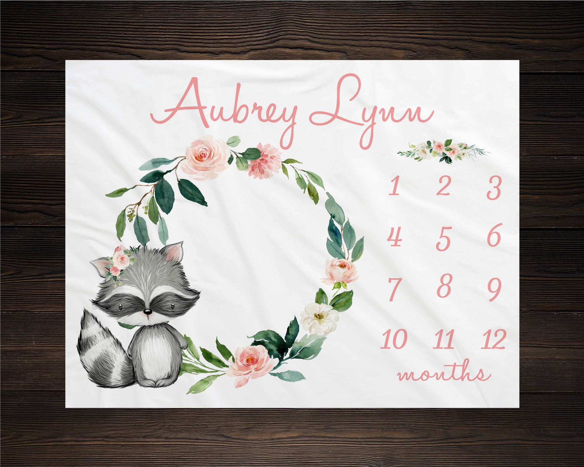 Personalized Floral Raccoon Milestone Blanket