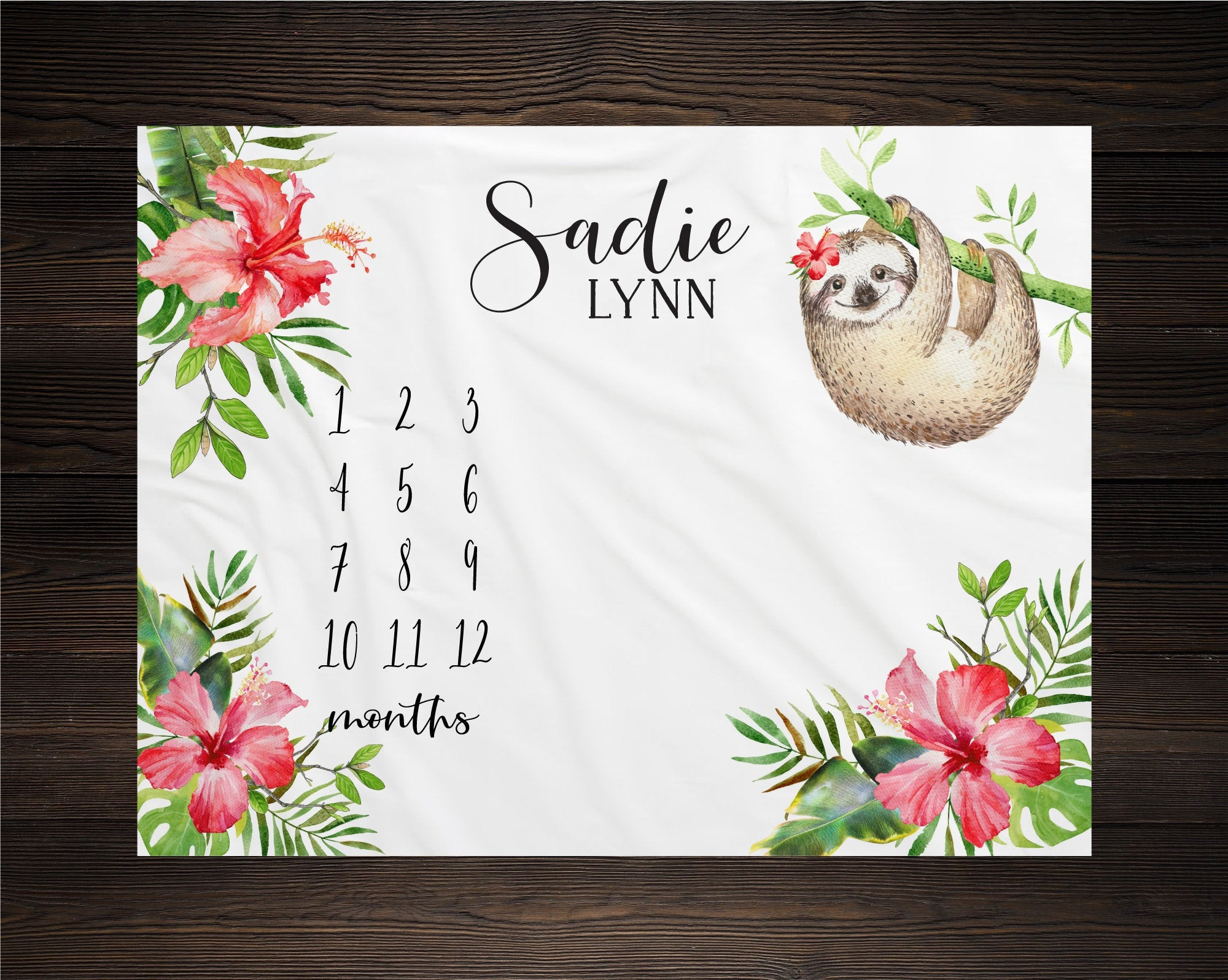 Personalized Floral Sloth Girl Milestone Blanket