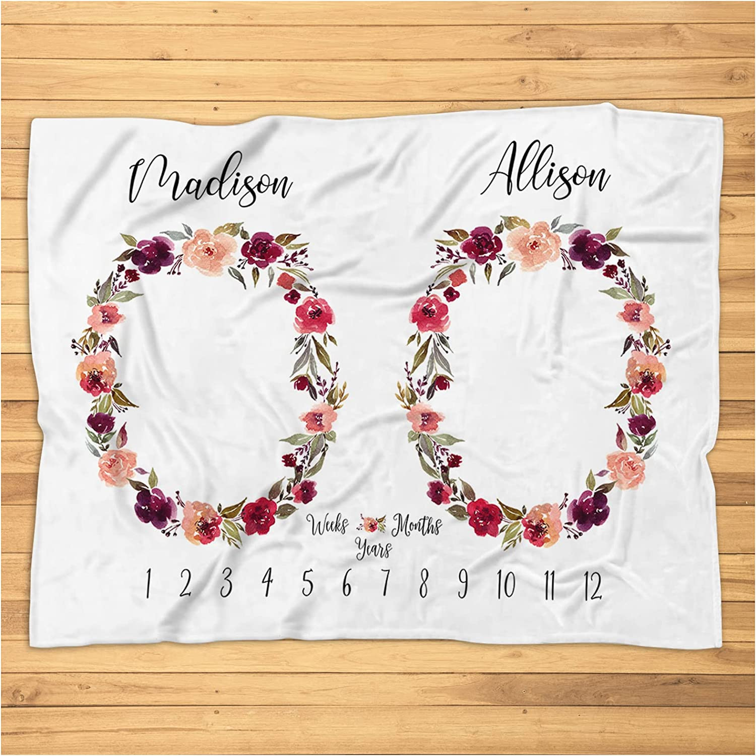 Personalized Floral Twin Milestone Blanket - Custom Baby Month Milestone Blanket- Floral Wreath Baby Girl Monthly Blanket Nursery Decor - Super Soft Plush Blanket for Baby