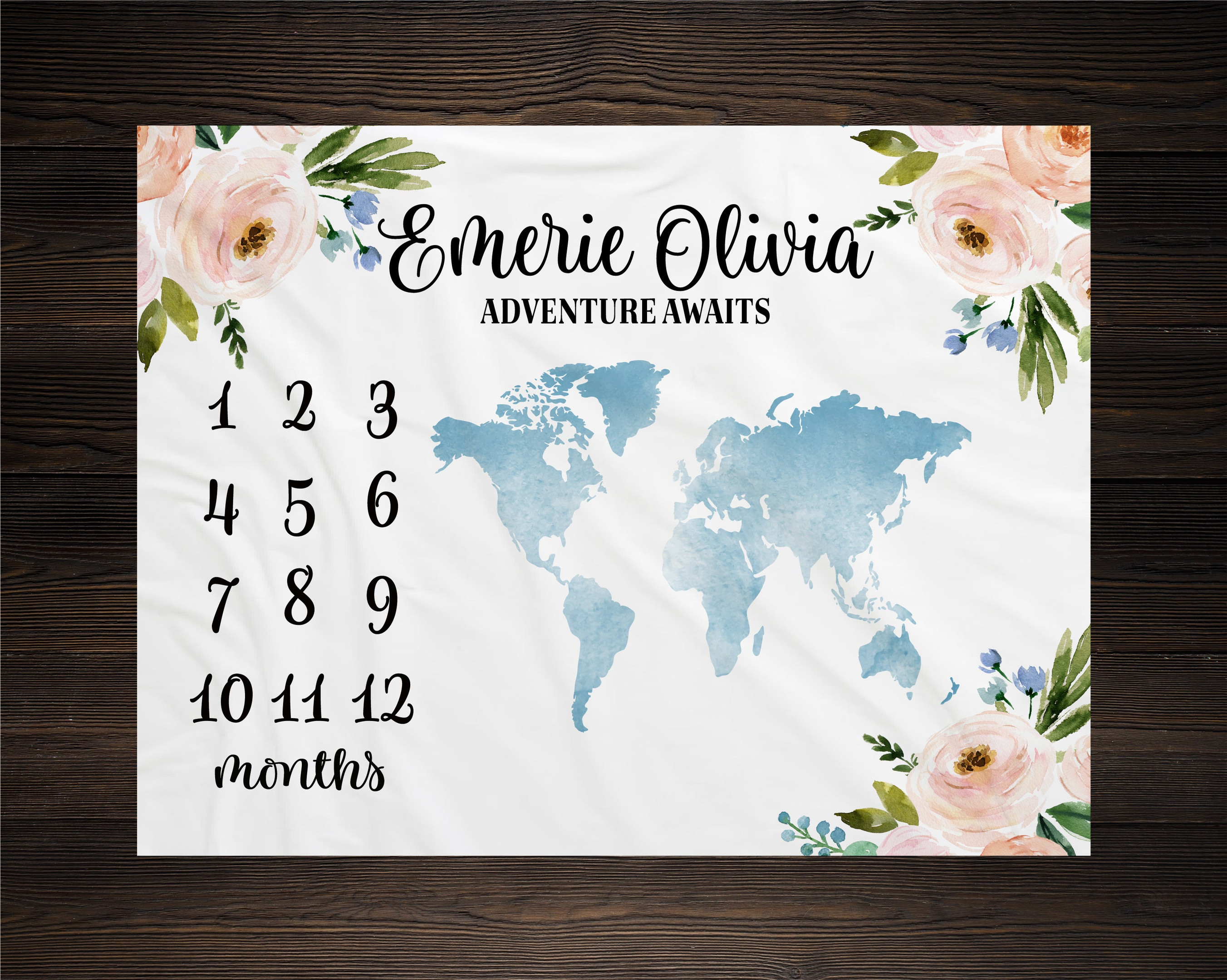 Personalized Floral World Map Girl Milestone Blanket