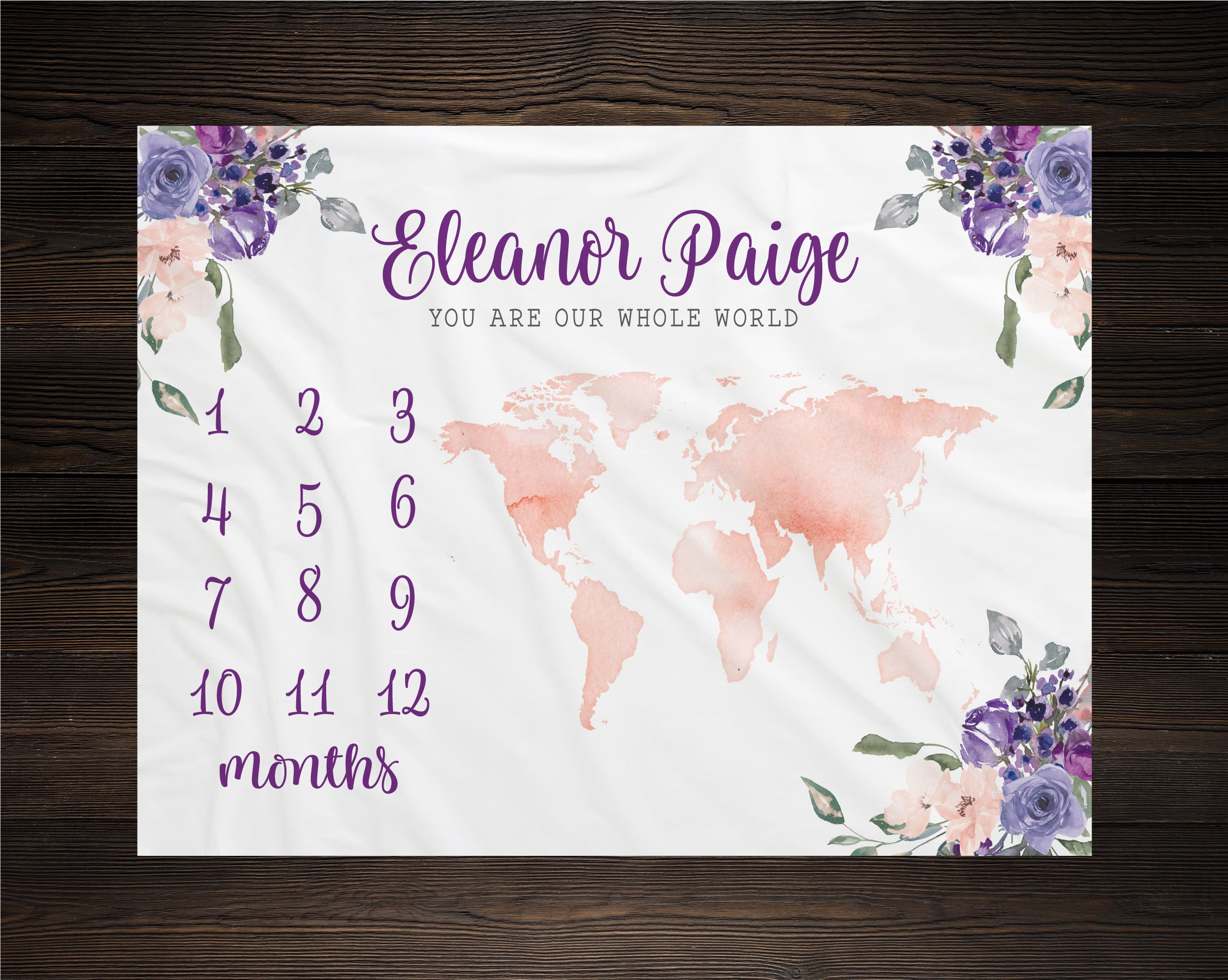 Personalized Floral World Map Girl Milestone Blanket