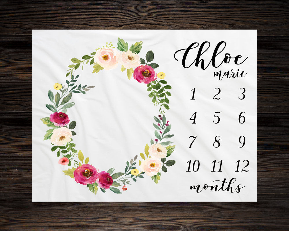 Personalized Floral Wreath Milestone Blanket For Baby