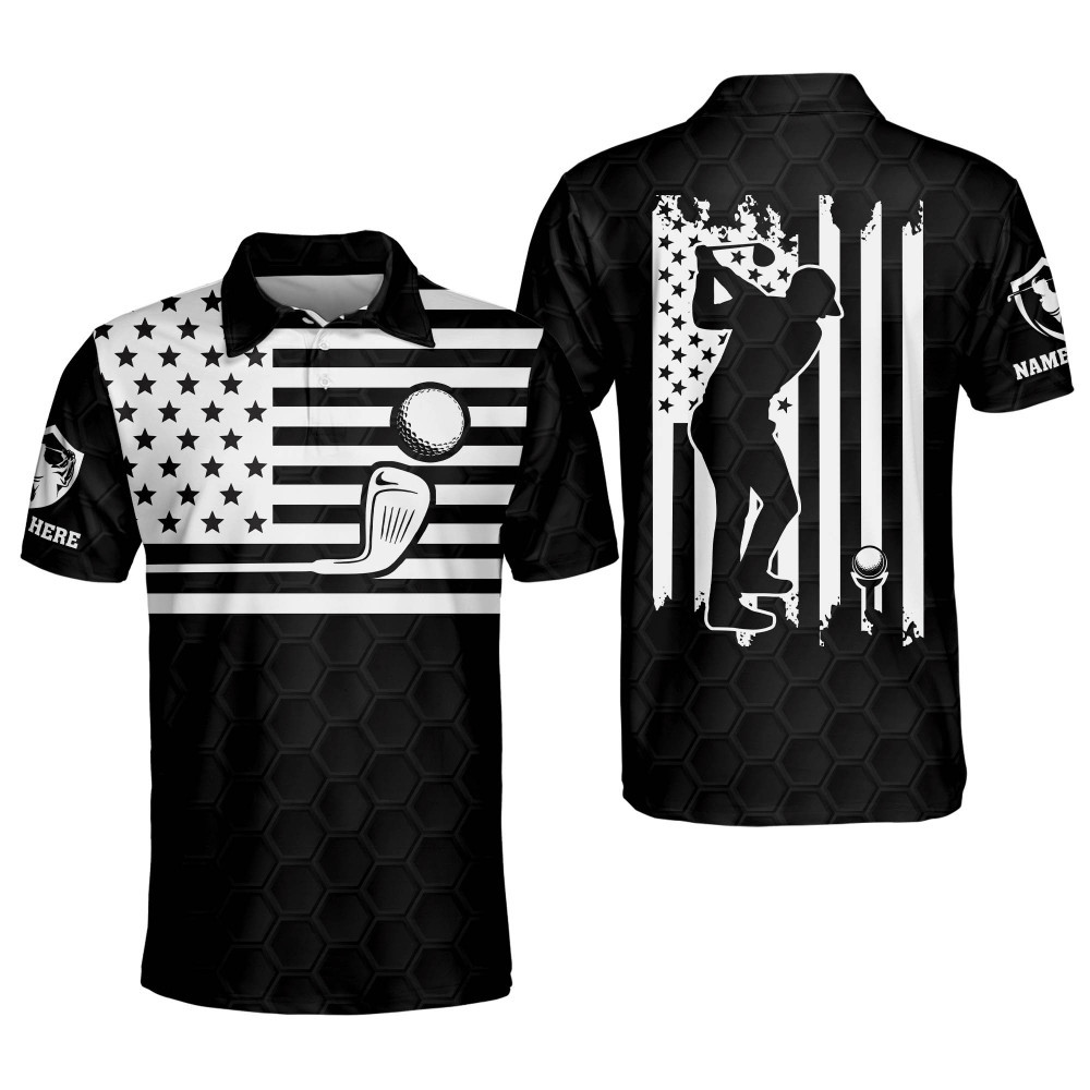 Personalized Funny Golf Polo Shirt for Men American Flag Golfer Polo Shirt Patriotic Polo Shirts for Men