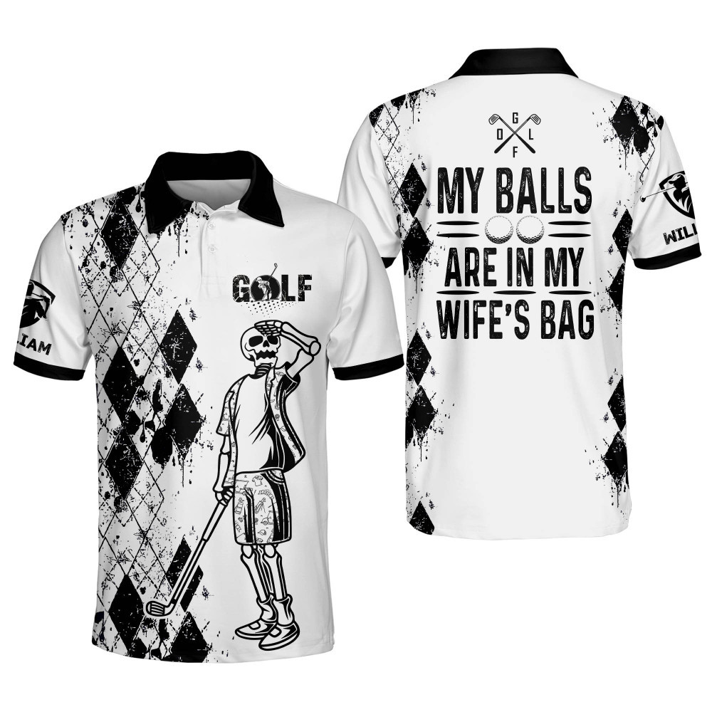 Personalized Funny Golf Polo Shirts for Men My Balls Are In My Wifes Bag Mens Skull Golf Shirts Short Sleeve