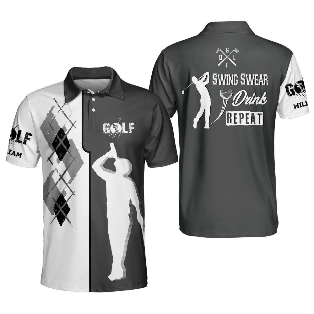 Personalized Funny Golf Shirt for Men Swing Swear Drink Beer Repeat Lightweight Short Sleeve Polo Shirts for Men