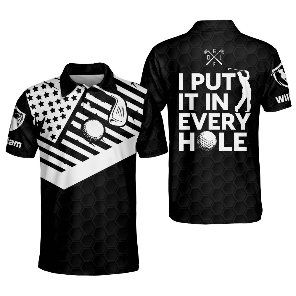 Personalized Funny Golf Shirts for Men America Flag I Put It In Every Hole Short Sleeve Lightweight Dry Fit Polo Golf Shirts