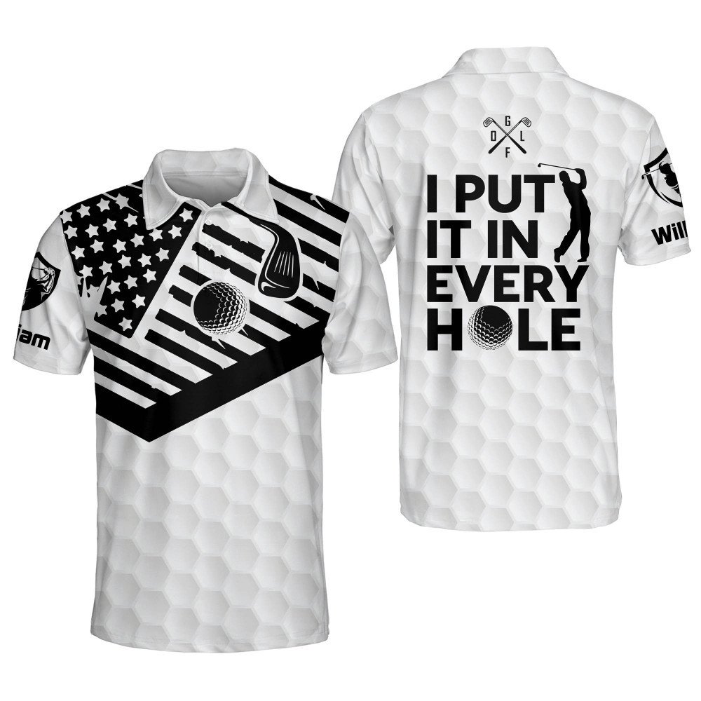 Personalized Funny Golf Shirts for Men America Flag I Put It In Every Hole Short Sleeve Lightweight Polo Golf Shirts