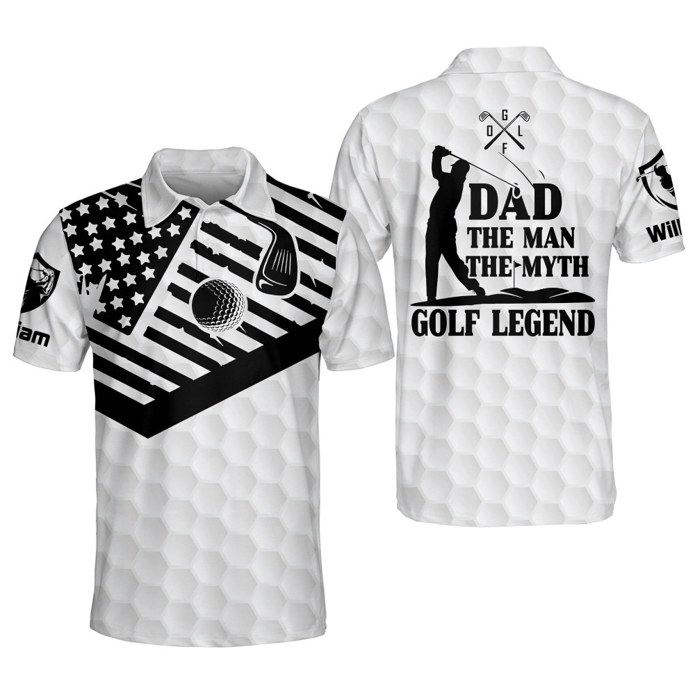 Personalized Funny Golf Shirts for Men Dad The Man The Myth Golf Legend Mens Golf Shirts American Flag Polo