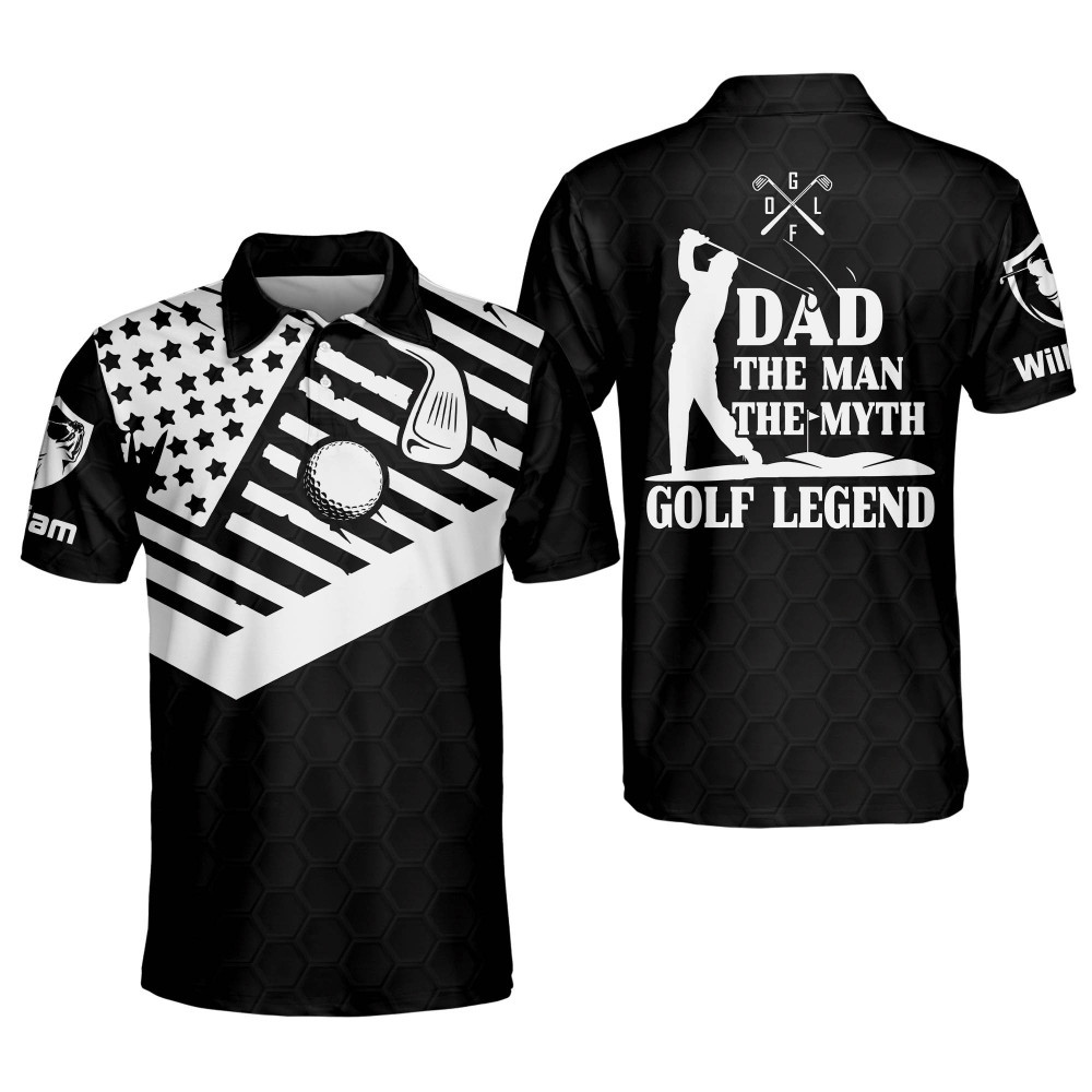 Personalized Funny Golf Shirts for Men Dad The Man The Myth Golf Legend Mens Golf Shirts American Flag Polo