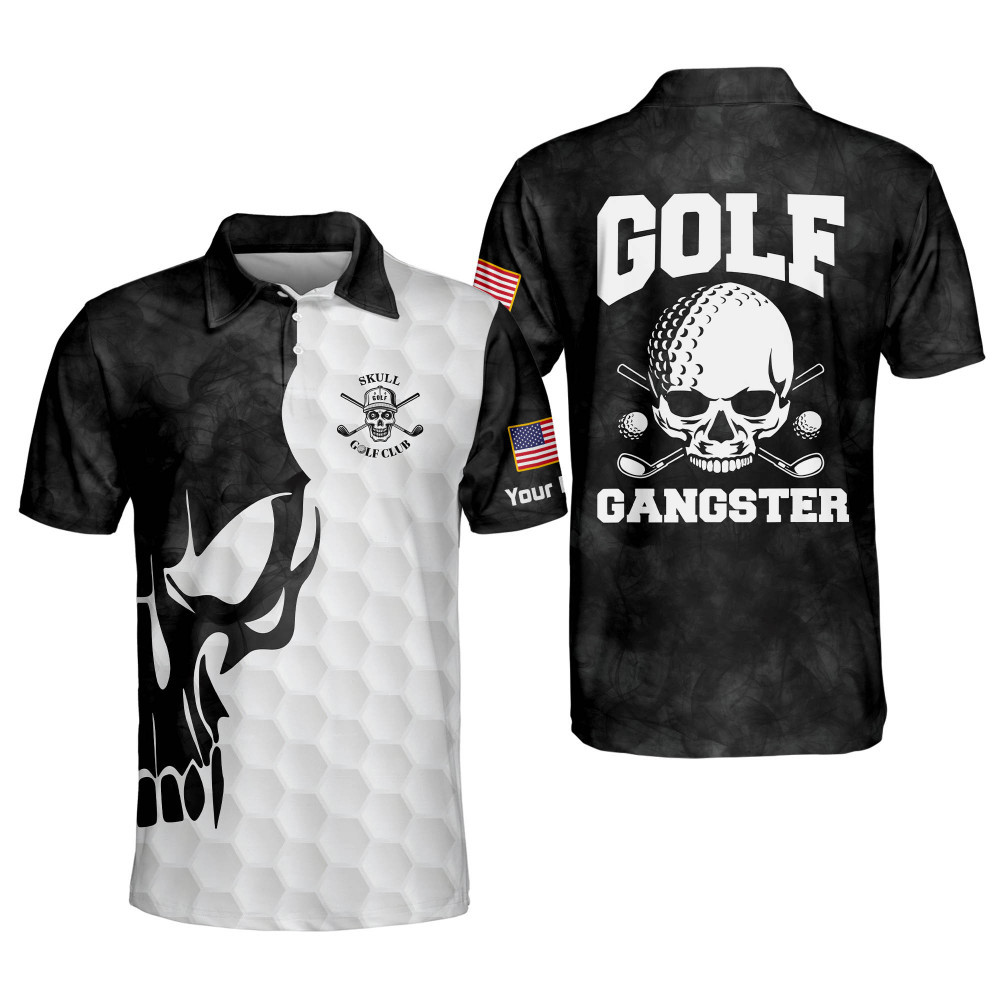 Personalized Funny Golf Shirts for Men Golf Gangster Skull Mens Golf Shirts Short Sleeve Polo Dry Fit Lightweight Golf Polos