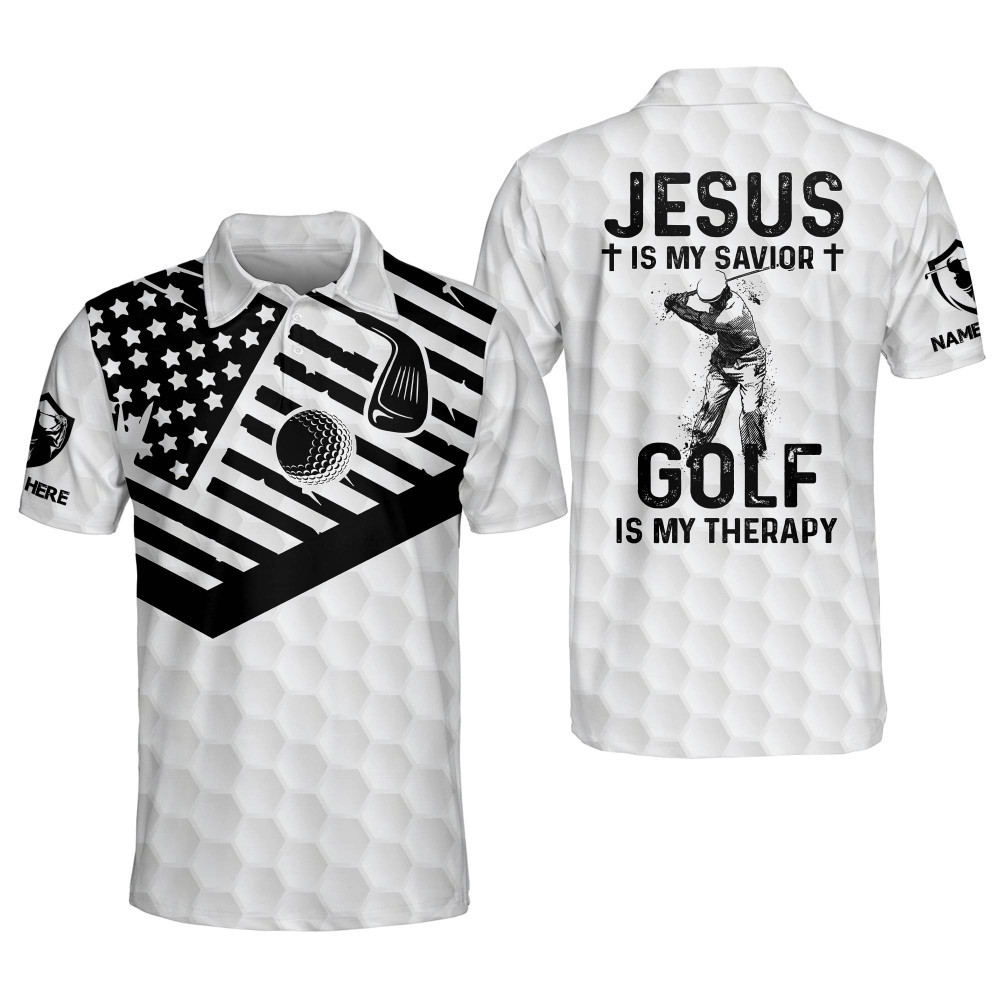 Personalized Funny Golf Shirts for Men Golf Is My Therapy Mens Golf Shirts American Flag Golf Polos For Men