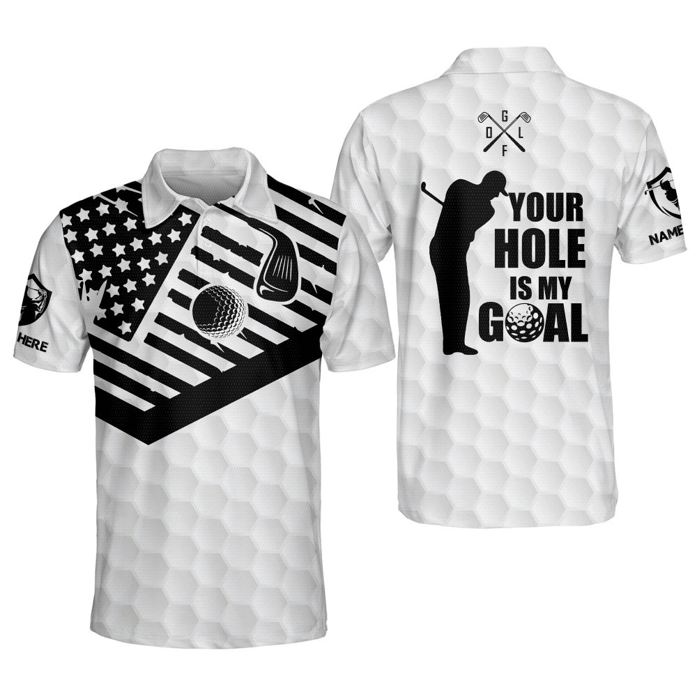 Personalized Funny Golf Shirts for Men Your Hole Is My Goal America Flag Golf Shirts Dry Fit Short Sleeve Polos