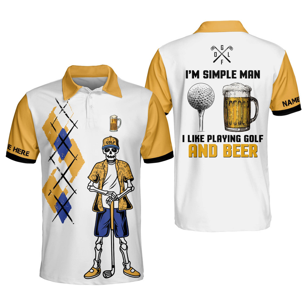 Personalized Funny Skull Golf Shirt for Men Im A Simple Man I Like Playing Golf And Beer Short Sleeve Polo Shirts for Men