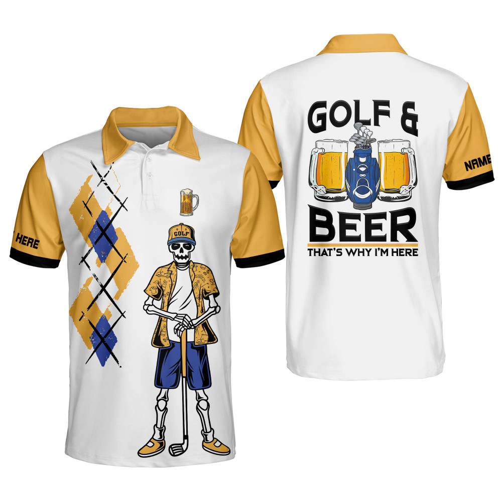 Personalized Funny Skull Golf Shirt for Men Skull Golf and Beer Lightweight Short Sleeve Polo Shirts for Men