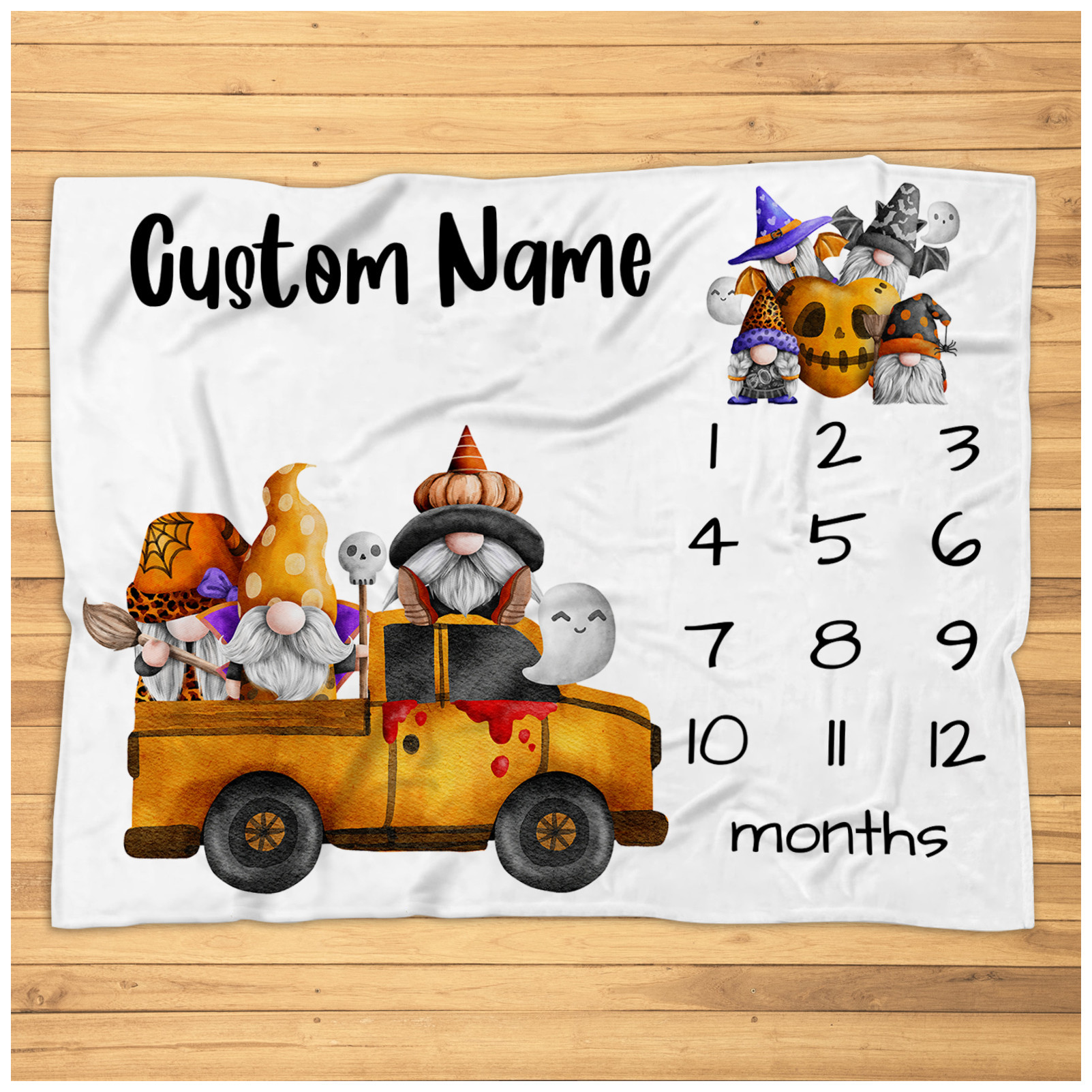 Personalized Gnome Halloween Baby Milestone Blanket - Custom Cute Halloween Monthly Milestone Blanket Nursery Soft Plush Fleece Blanket