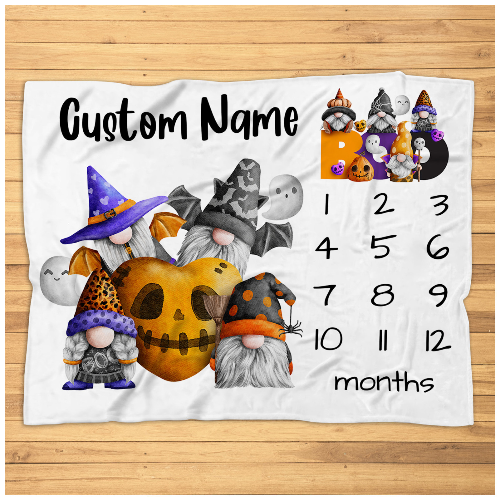 Personalized Gnome Halloween Milestone Blanket - Custom Cute Halloween Monthly Baby Milestone Blanket Nursery Soft Plush Fleece Blanket