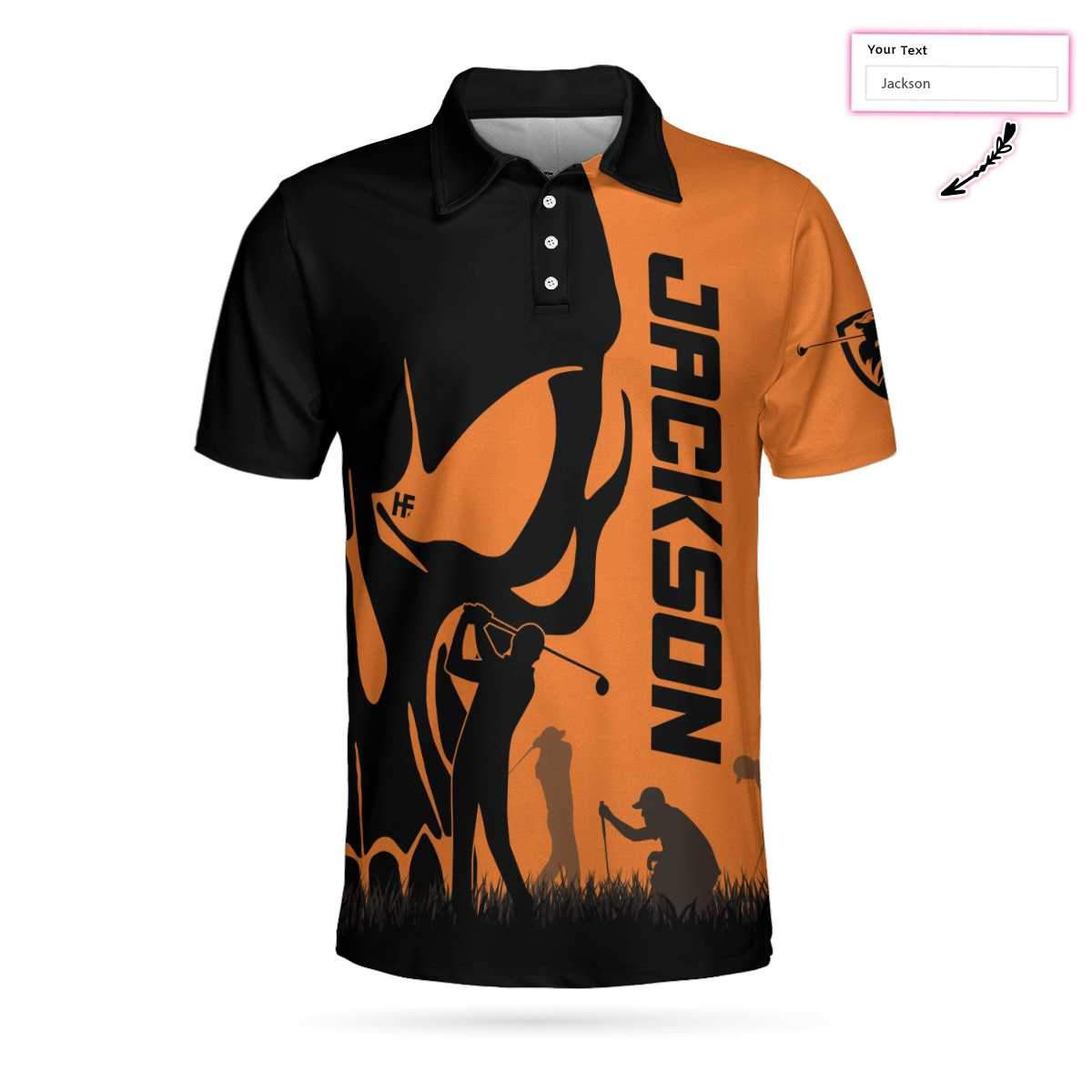 Personalized Golfer Skull Custom Polo Shirt Black And Orange Polo Shirt Best Golf Shirts Short Sleeve Polo For Men