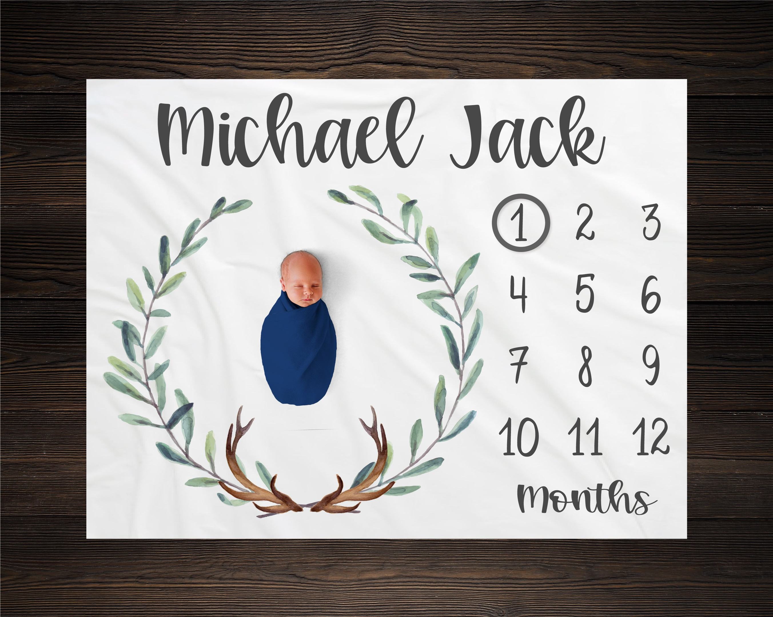 Personalized Greenery Antler Milestone Blanket