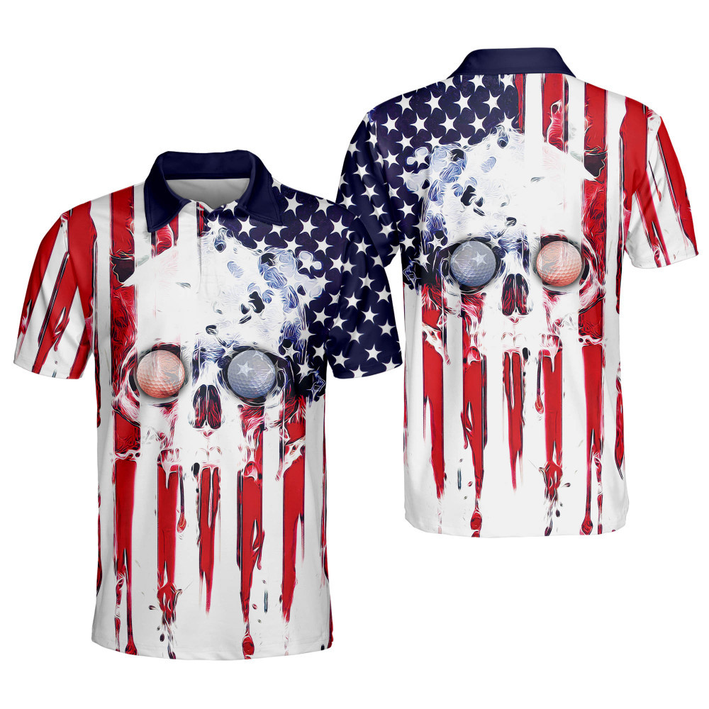 Personalized Patriotic Golf Polo For Men American Flag Golf Polo Skull Golf Ball Mens Golf Shirts Dry Fit Short Sleeve Polos