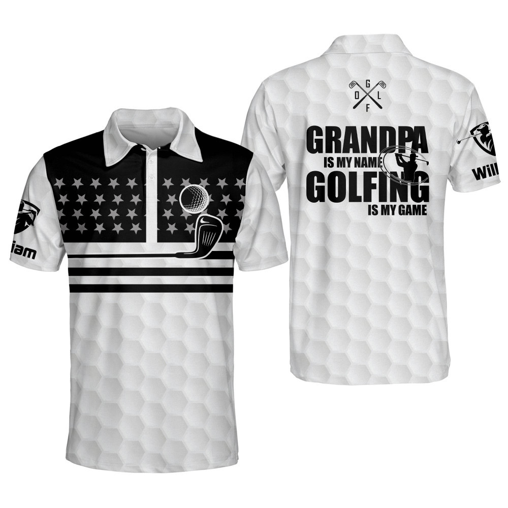 Personalized Patriotic Golf Shirts for Men Grandpa is My Name Golfing is My Game Mens Golf Shirts Short Sleeve Funny Golf Shirts for Men