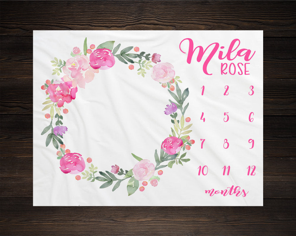 Personalized Pink Floral Girl Milestone Blanket