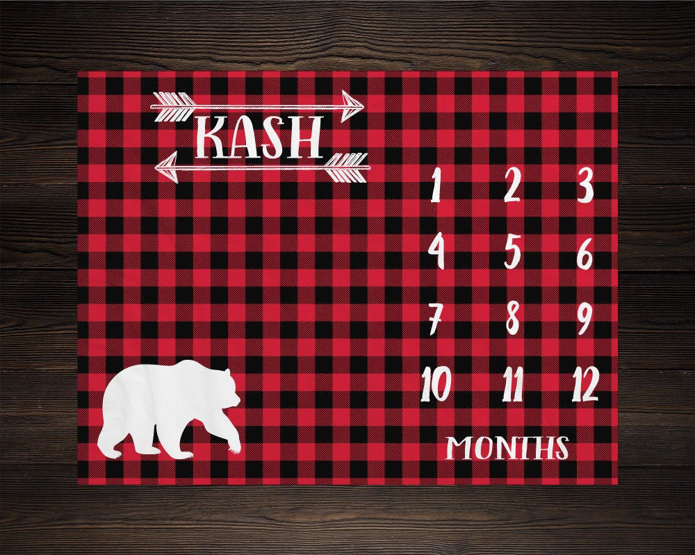 Personalized Plaid Bear Milestone Blanket