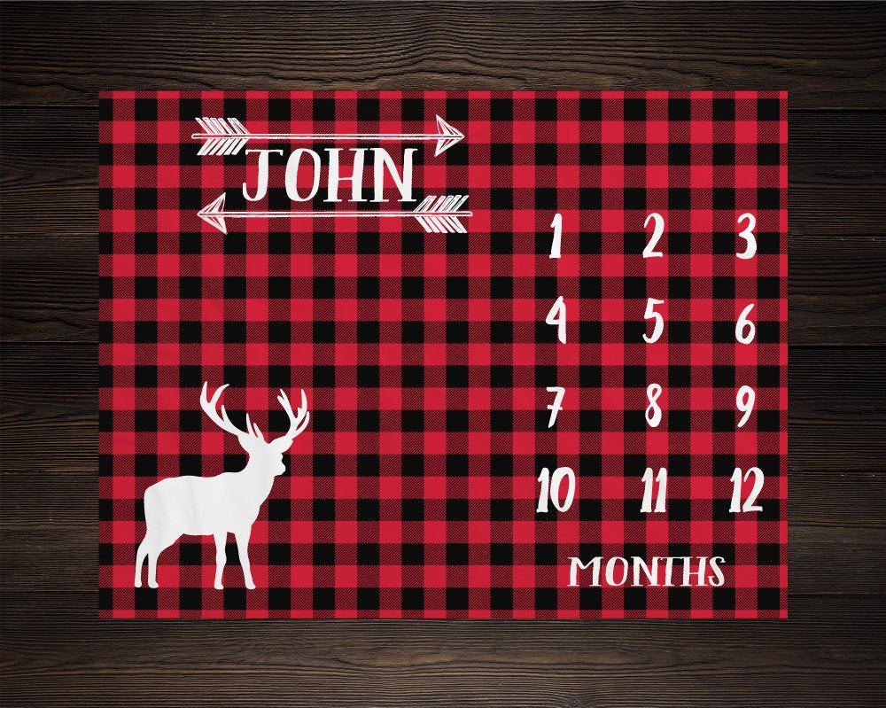 Personalized Plaid Deer Milestone Blanket