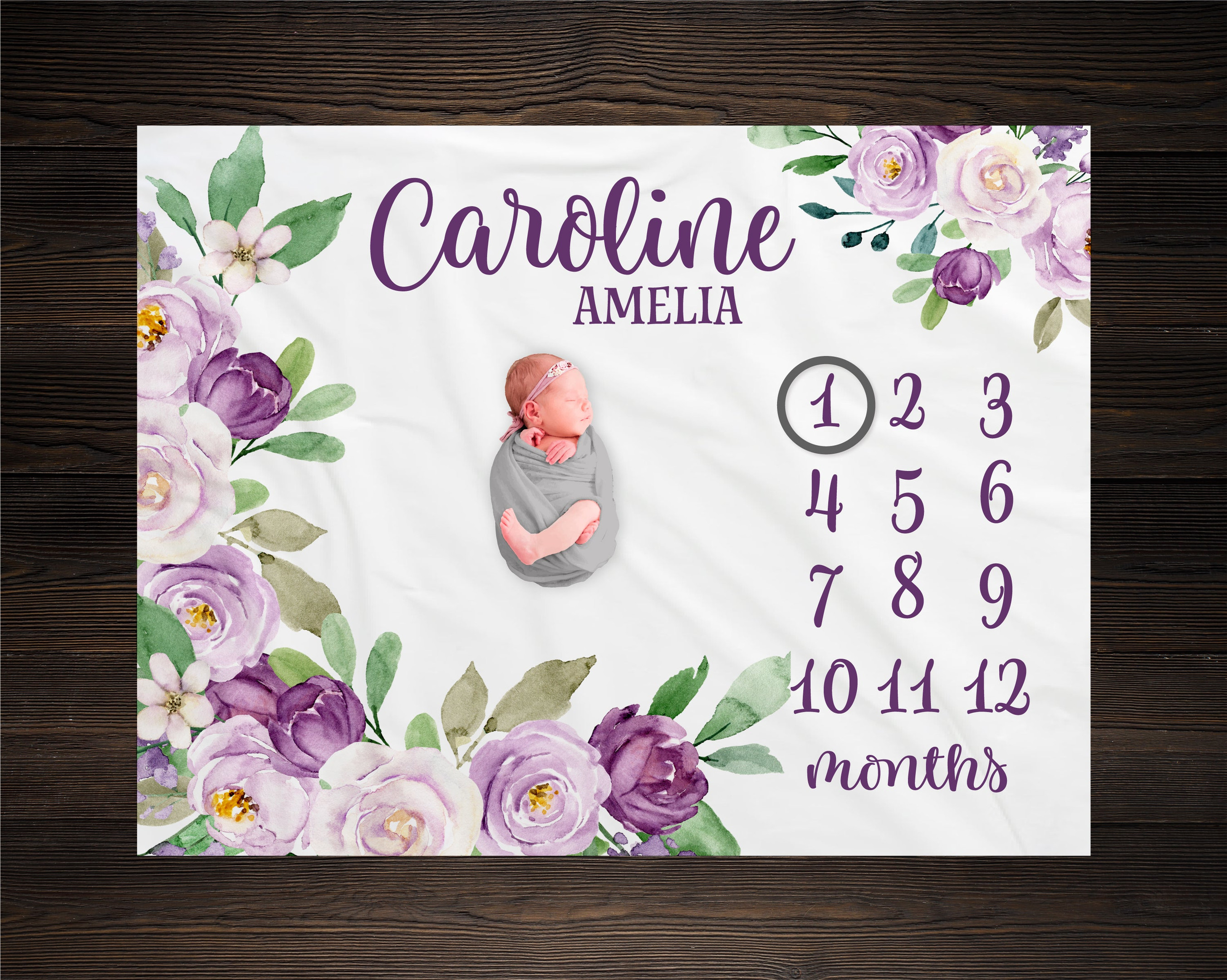 Personalized Purple Floral Milestone Blanket