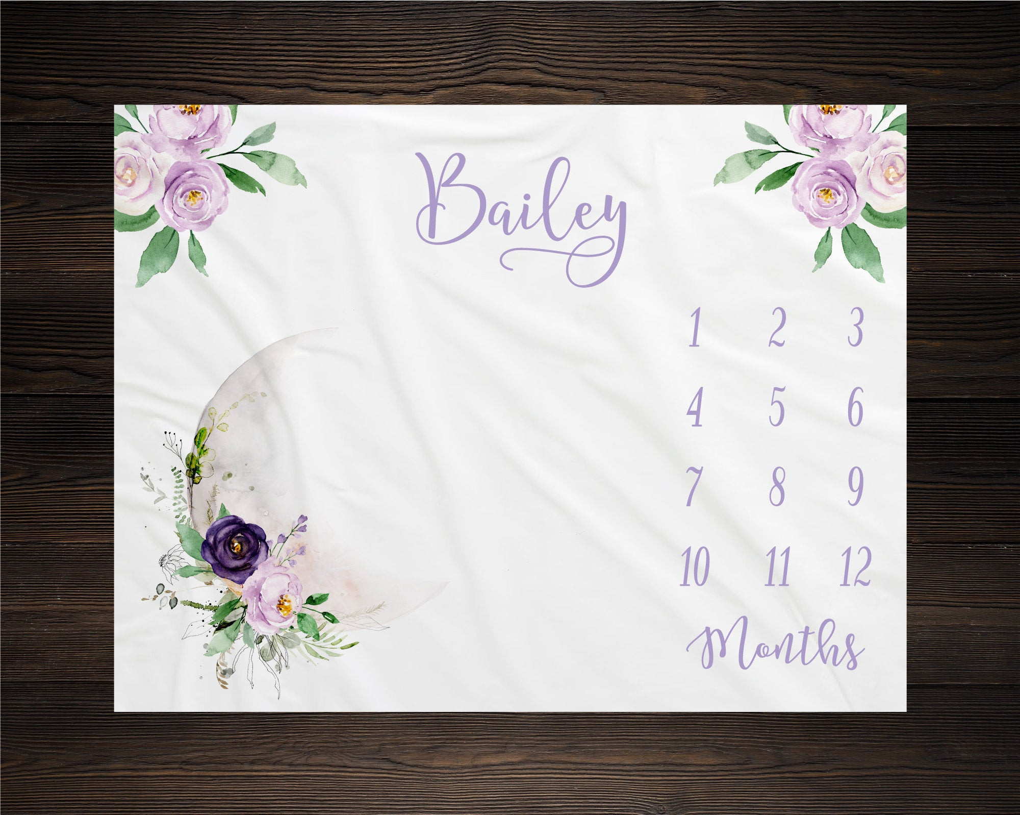 Personalized Purple Floral Moon Girl Milestone Blanket