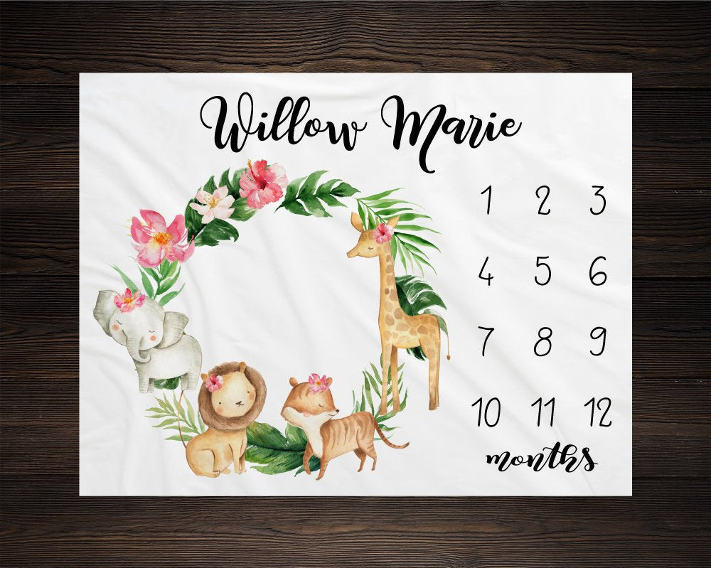 Personalized Safari Animal Girl Milestone Blanket