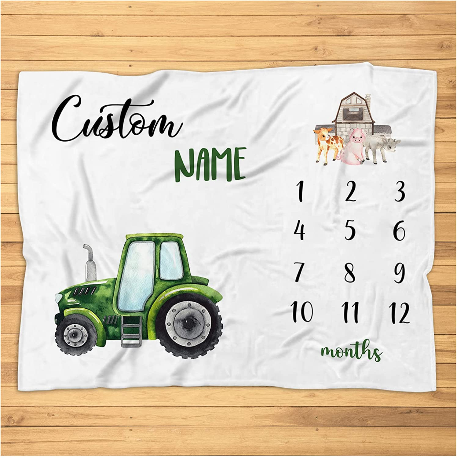Personalized Tractor Milestone Blanket - Farm Monthly Milestone Photo Prop - Custom Tractor and Farm Animals Super Soft Plush Fleece Blanket