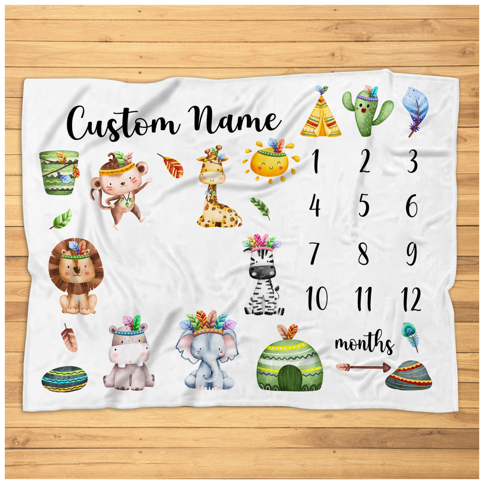 Personalized Tribal Animals Milestone Blanket