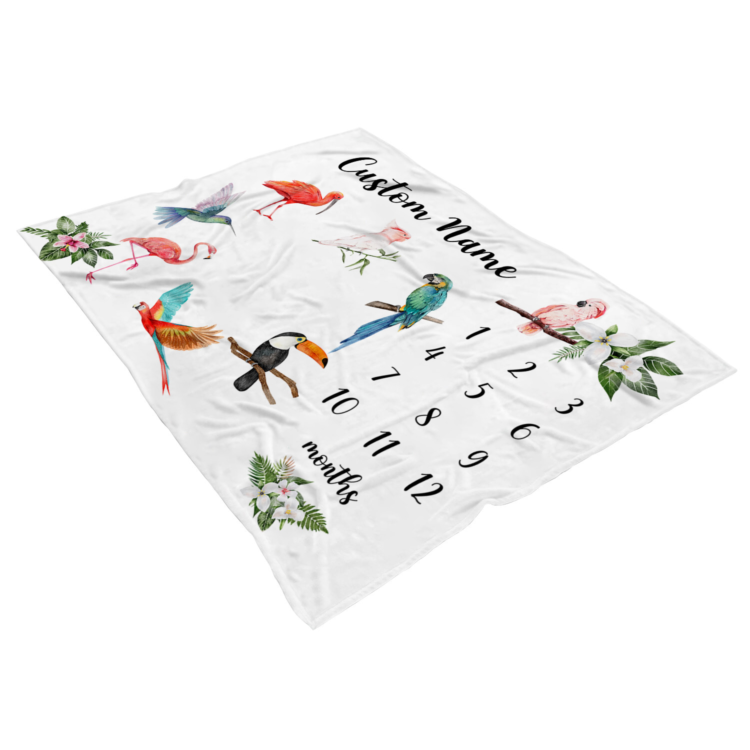 Tropical Birds Macaw Flamingo Hummingbird Toucan Monthly Milestone Baby Shower Gift Blanket