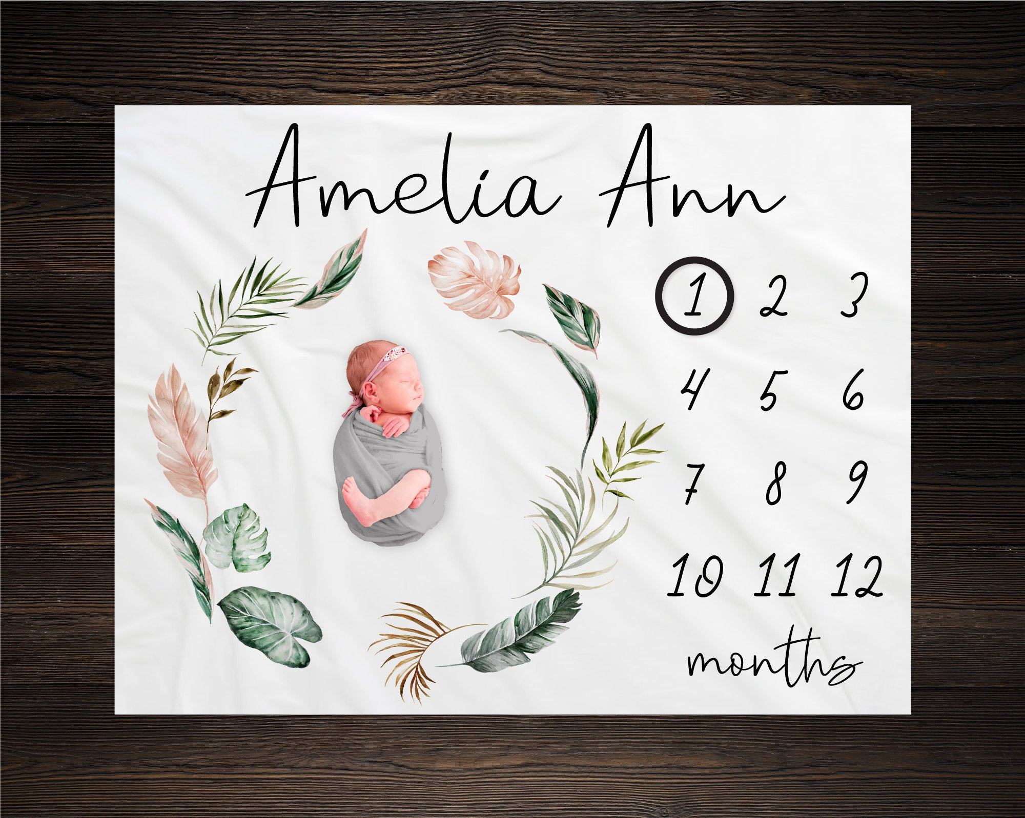 Personalized Tropical Leaves Milestone Blanket