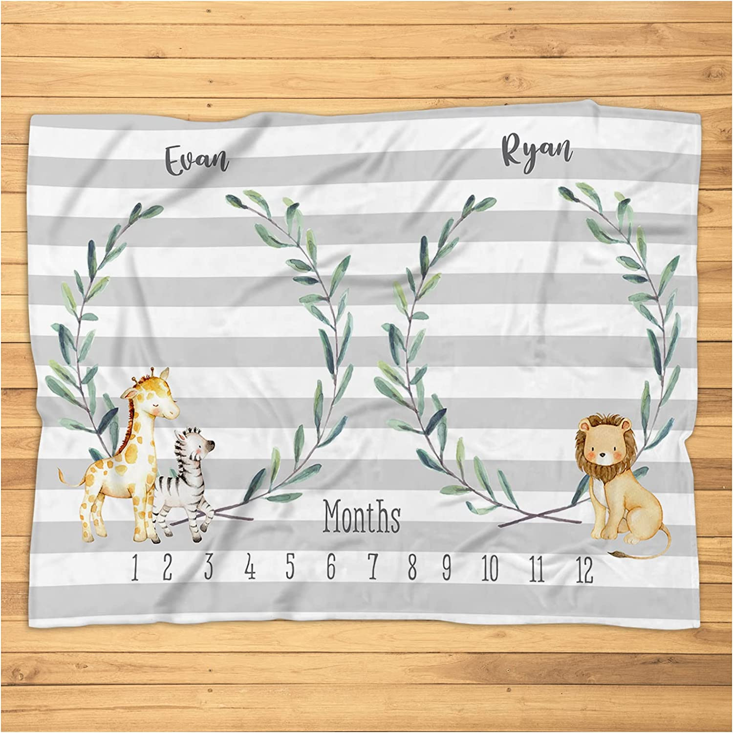 Personalized Twin Milestone Blanket - Jungle Animals - Twin Baby Monthly Milestone Blanket - Giraffe