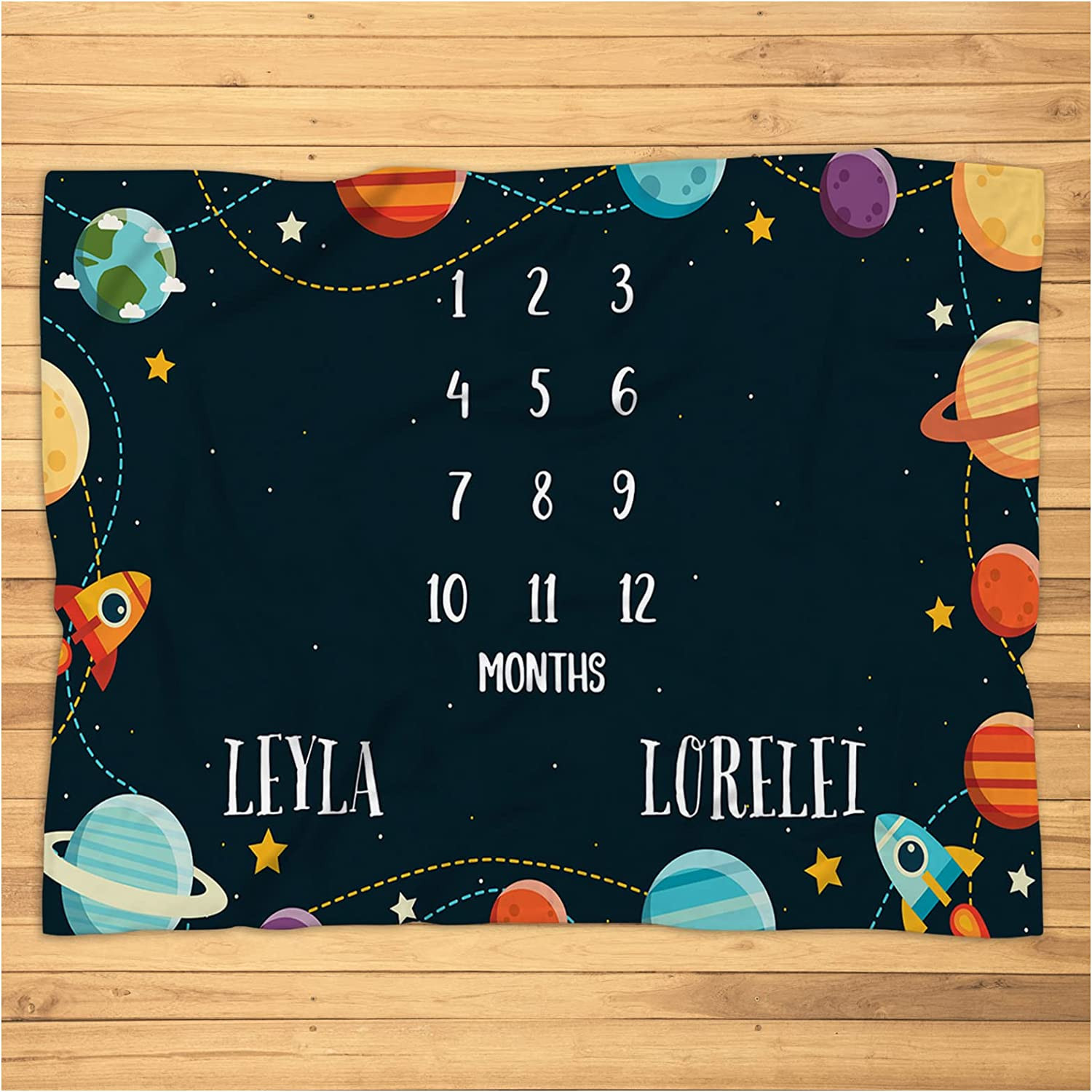 Personalized Twin Space Baby Milestone Blanket - Twin Baby Monthly Growth Photo Prop Space Milestone Blanket